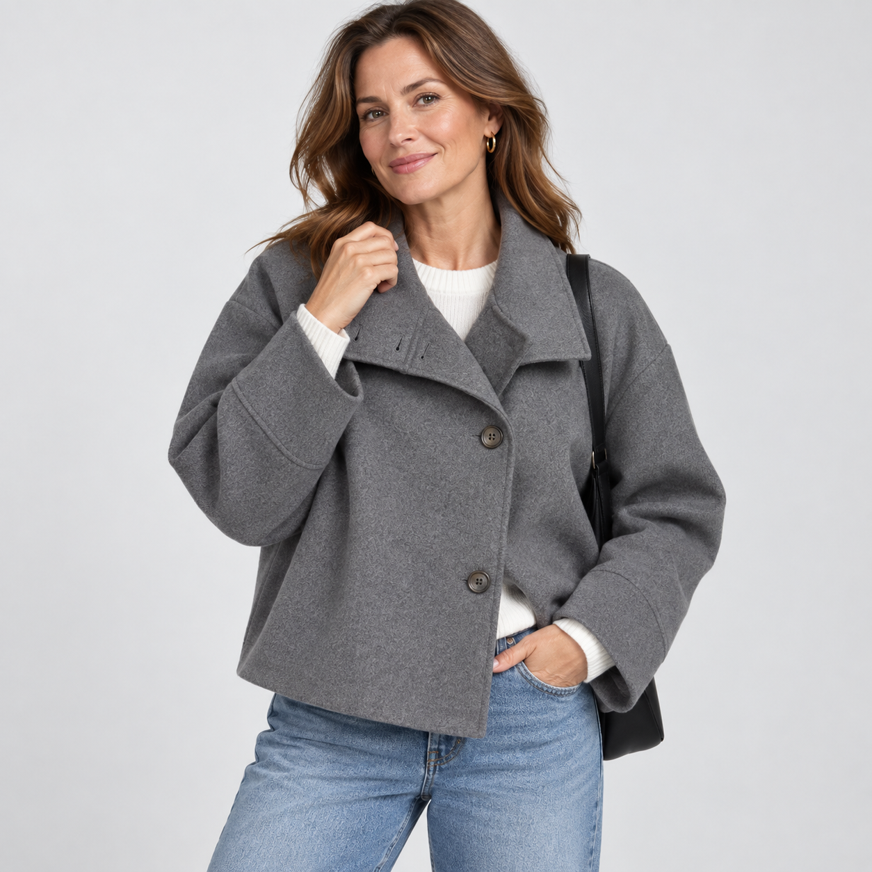 Women's Effortless Wool Pea Coat with Stand Collar Long Sleeve