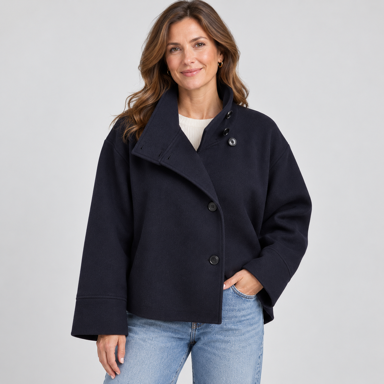 Women's Effortless Wool Pea Coat with Stand Collar Long Sleeve