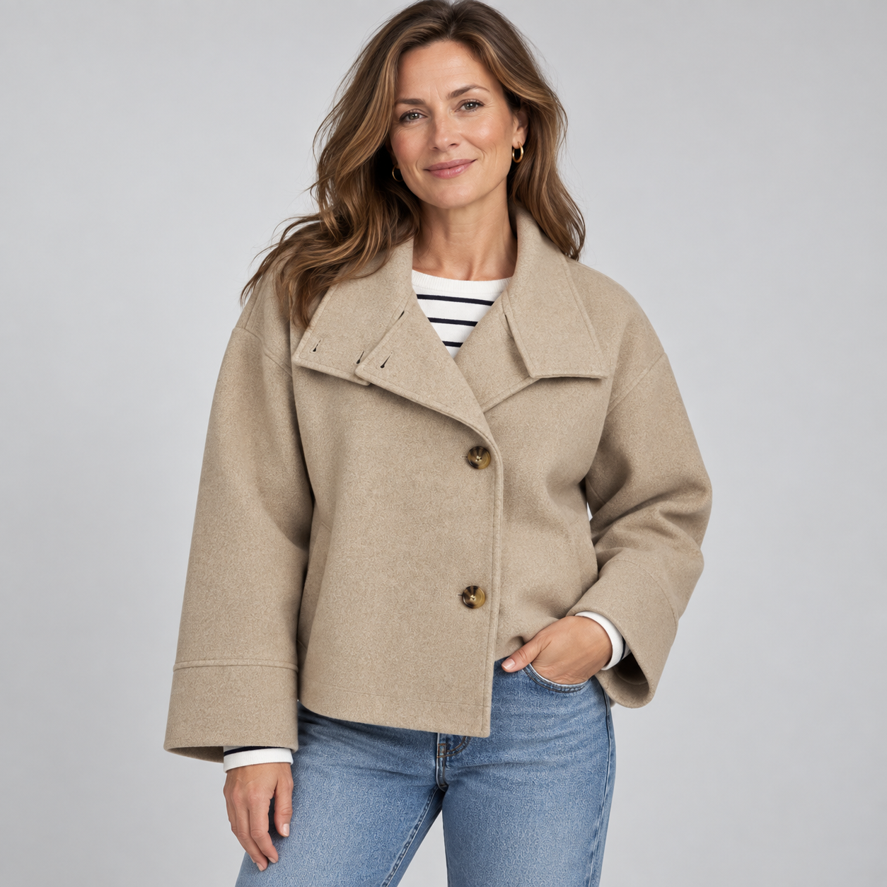 Women's Effortless Wool Pea Coat with Stand Collar Long Sleeve