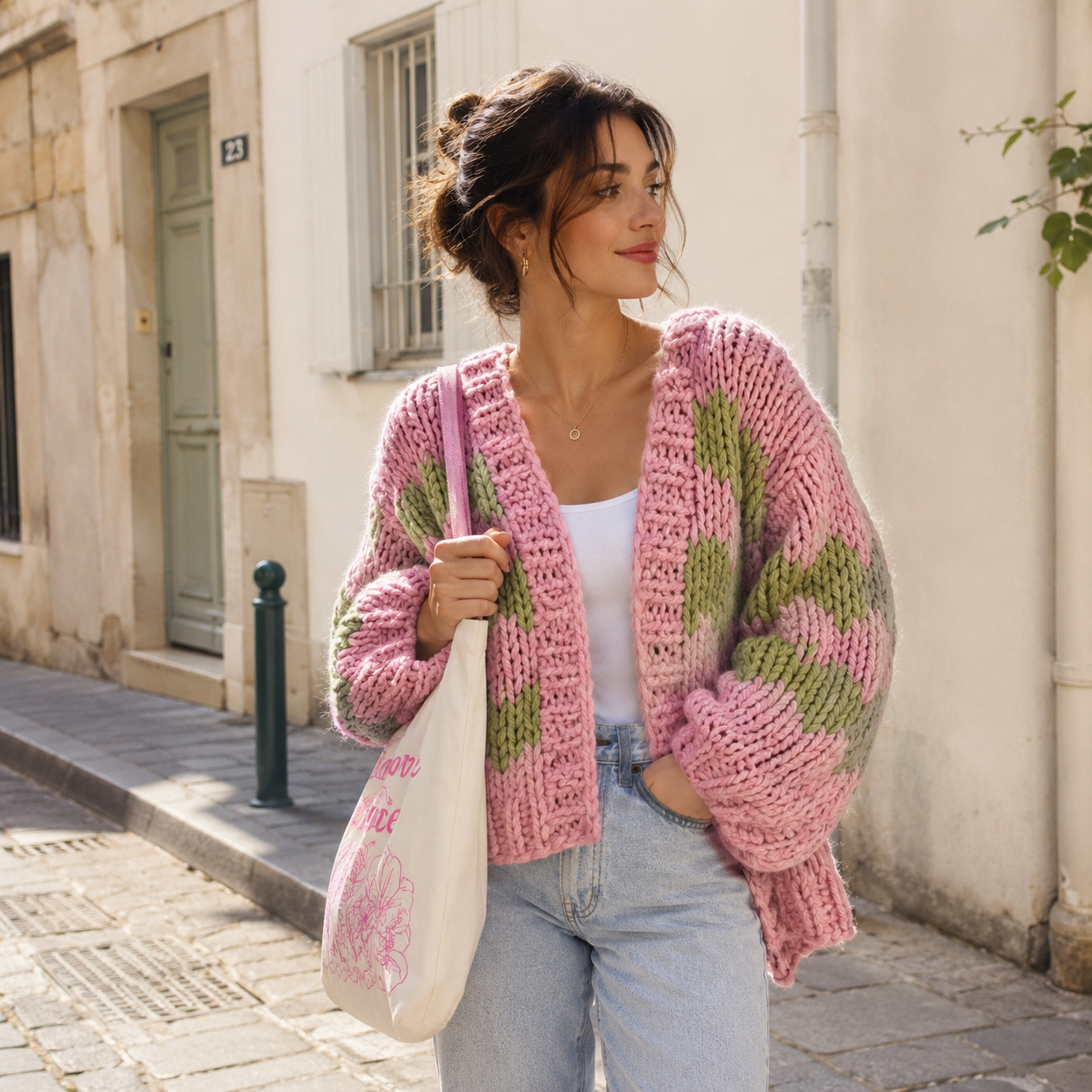 Women’s Pink and Green Knit Cardigan