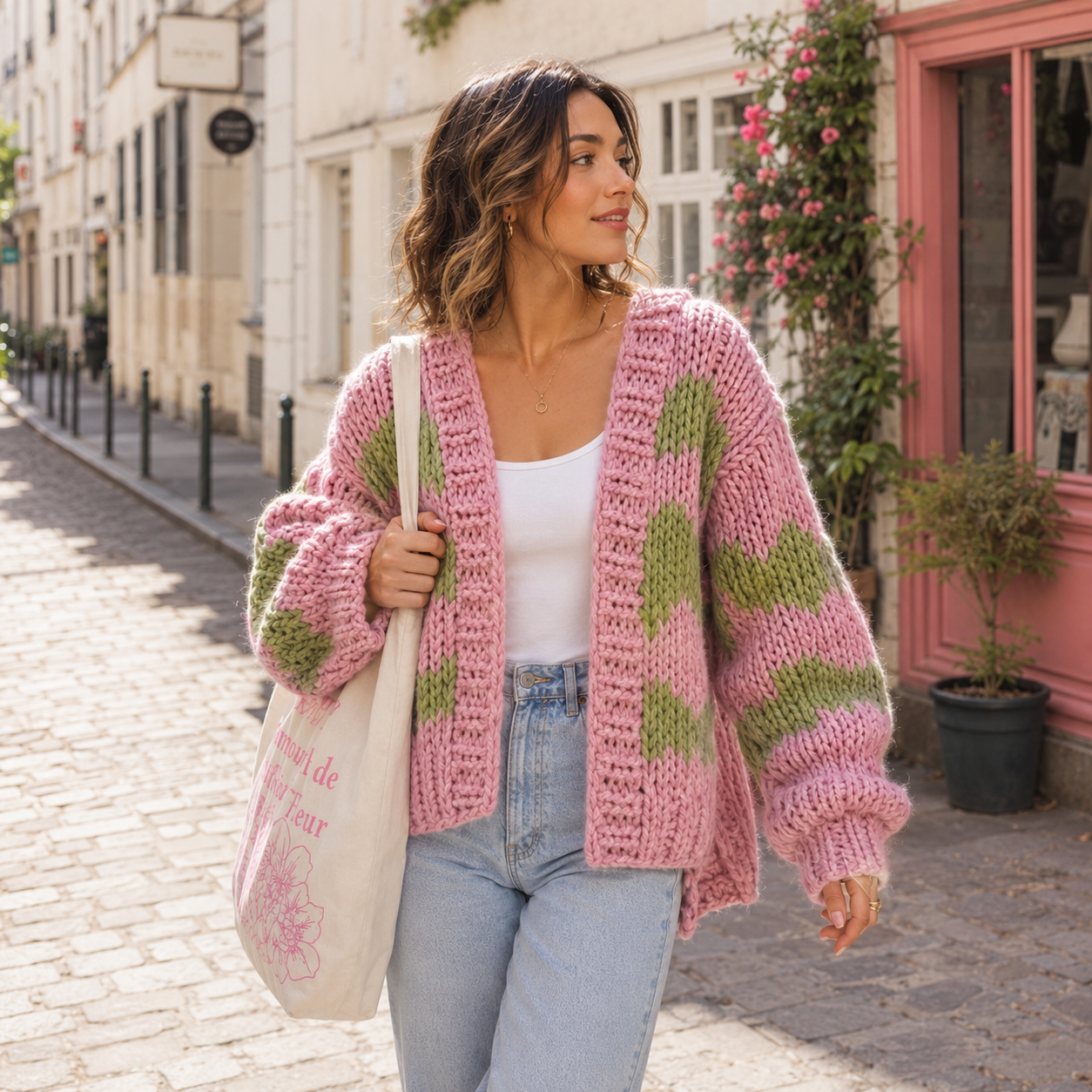Women’s Pink and Green Knit Cardigan