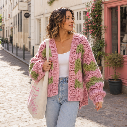 Women’s Pink and Green Knit Cardigan