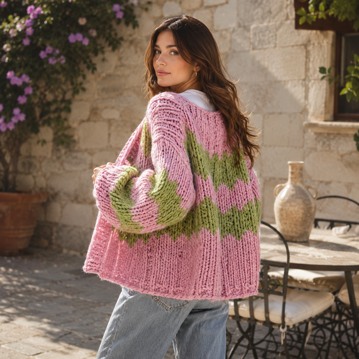 Women’s Pink and Green Knit Cardigan