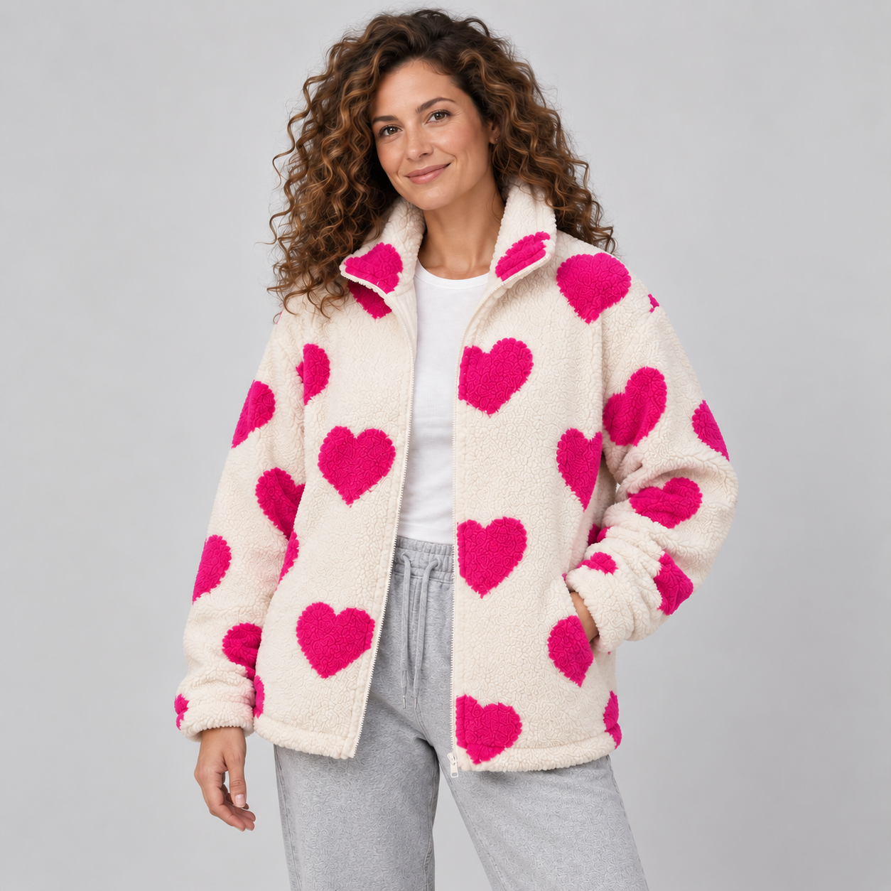 Women's Heart Print Teddy Fleece Jacket