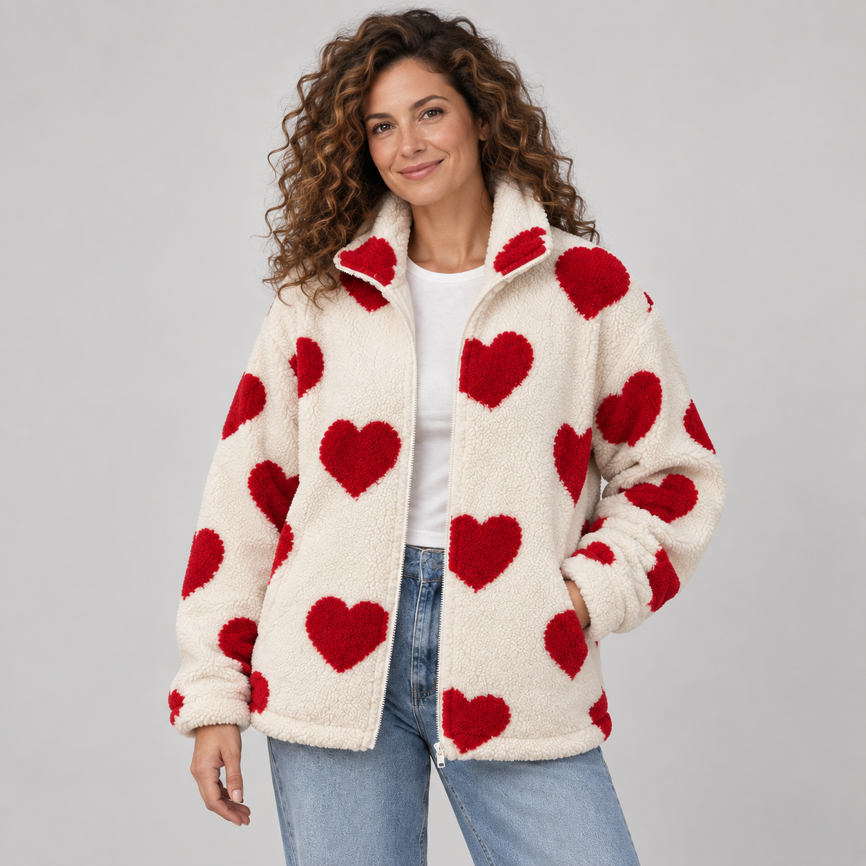 Women's Heart Print Teddy Fleece Jacket